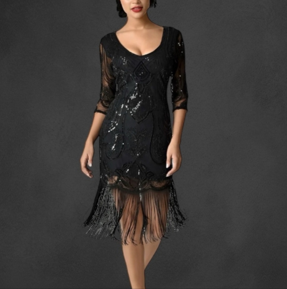 Unique Vintage Beaded And Sequin Fringe Dress Size Large